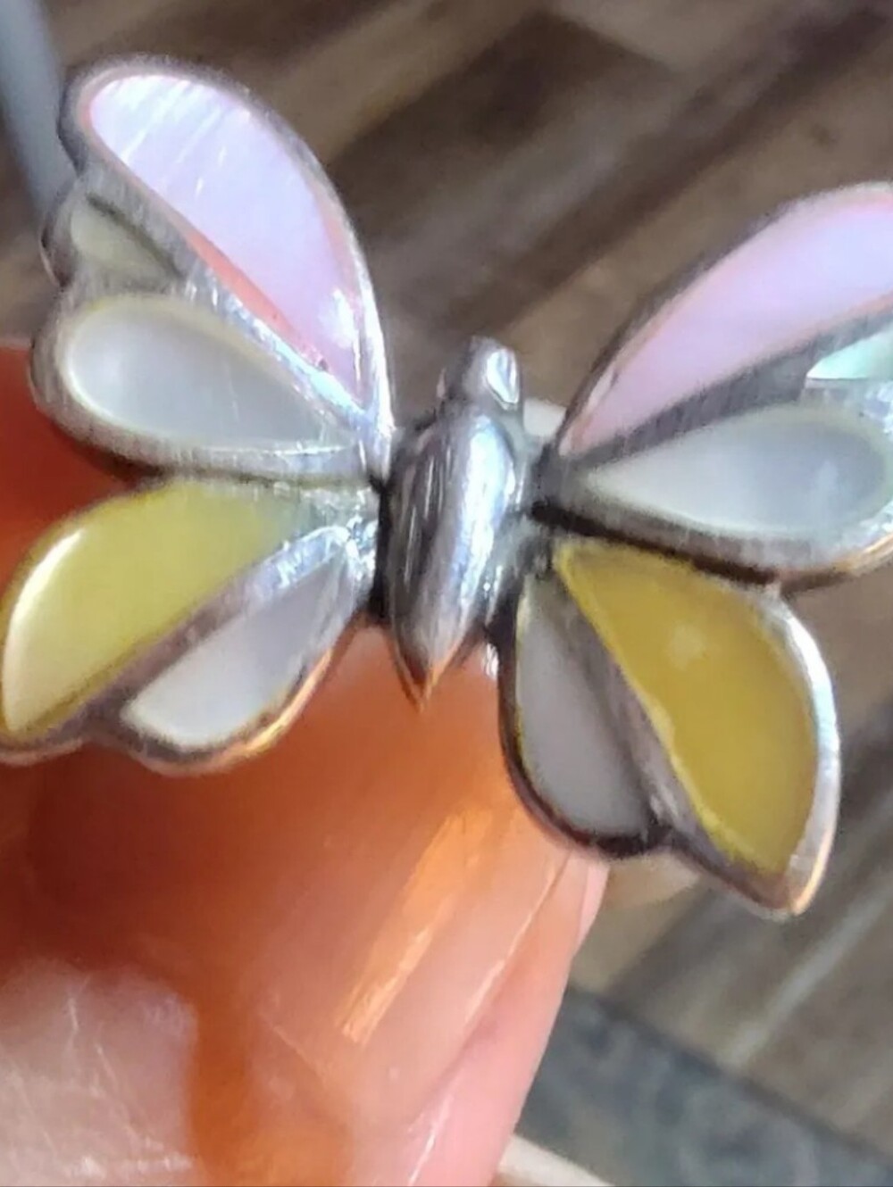 .925 Mexico Vintage Sterling Silver Collector's Butterfly Ring Inlaid W/ Abalone